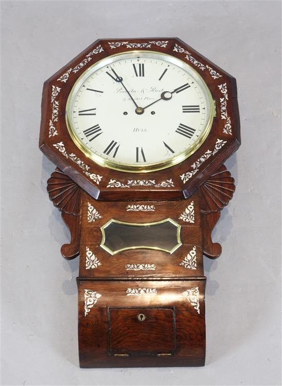 Barnby & Rust, Market Place, Hull. An early Victorian mother of pearl inset rosewood drop dial wall clock, 28in.